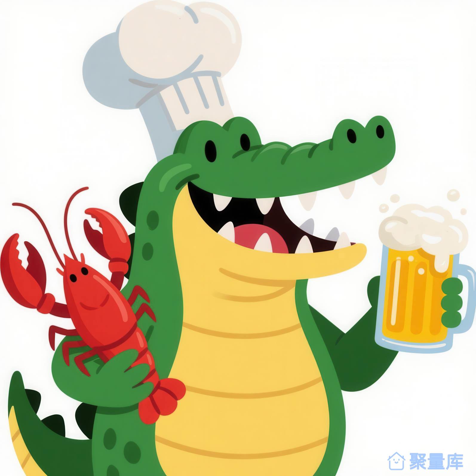 卡通厨师鳄鱼与龙虾啤酒